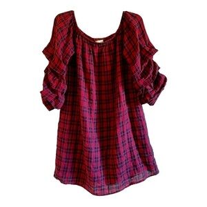 COTTON BLEU, NWOT, MINI DRESS. RED & NAVY BLUE PLAID. OFF SHOULDER NECK. SIZE M